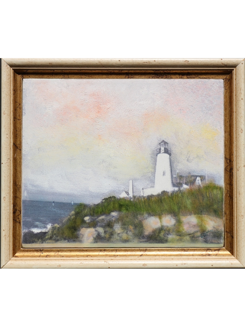 Lighthouse vintage framed oil painting signed art original